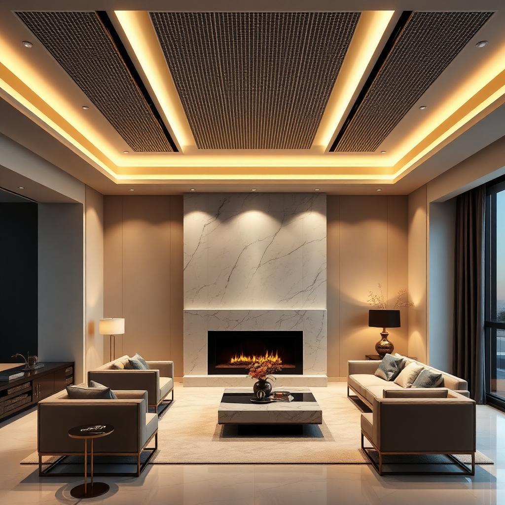 Discreet ceiling-recessed linear air conditioning grille flush-fitted into a luxury living room ceiling