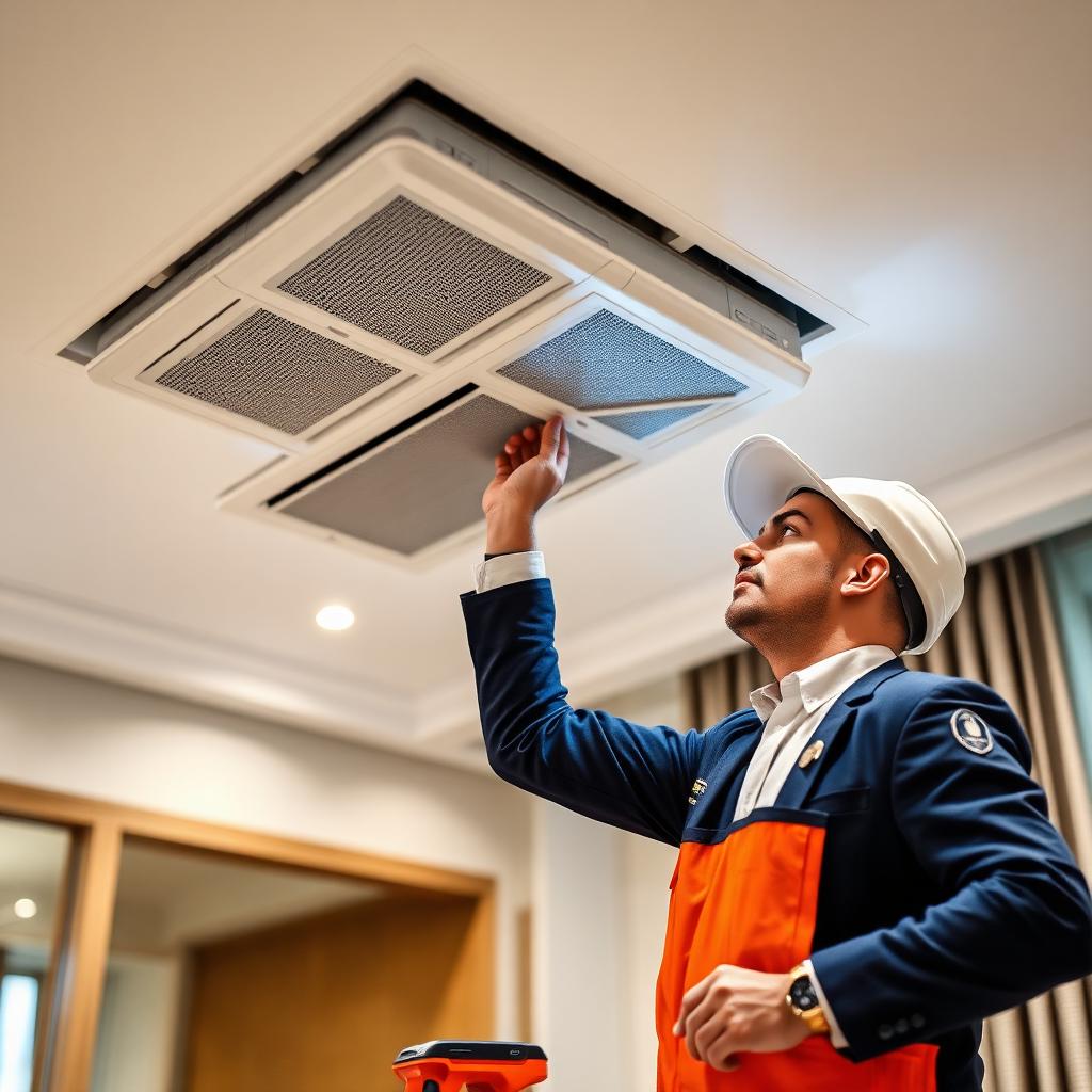 Luxury AC Solutions in-house engineer finishing a concealed ceiling cassette install in a high-end London home