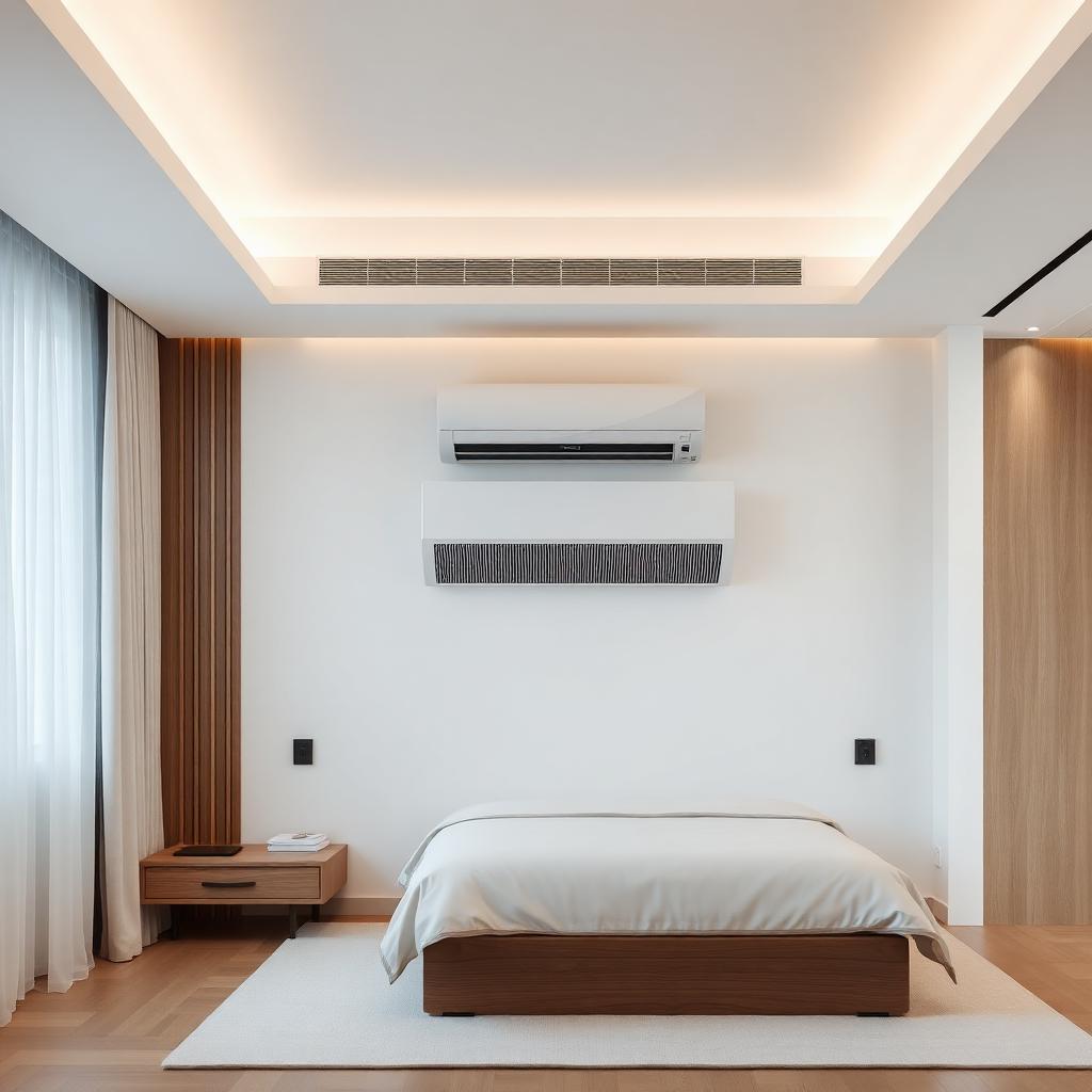 Premium wall-mounted Mitsubishi Electric air conditioning unit installed above a headboard in a luxury master bedroom